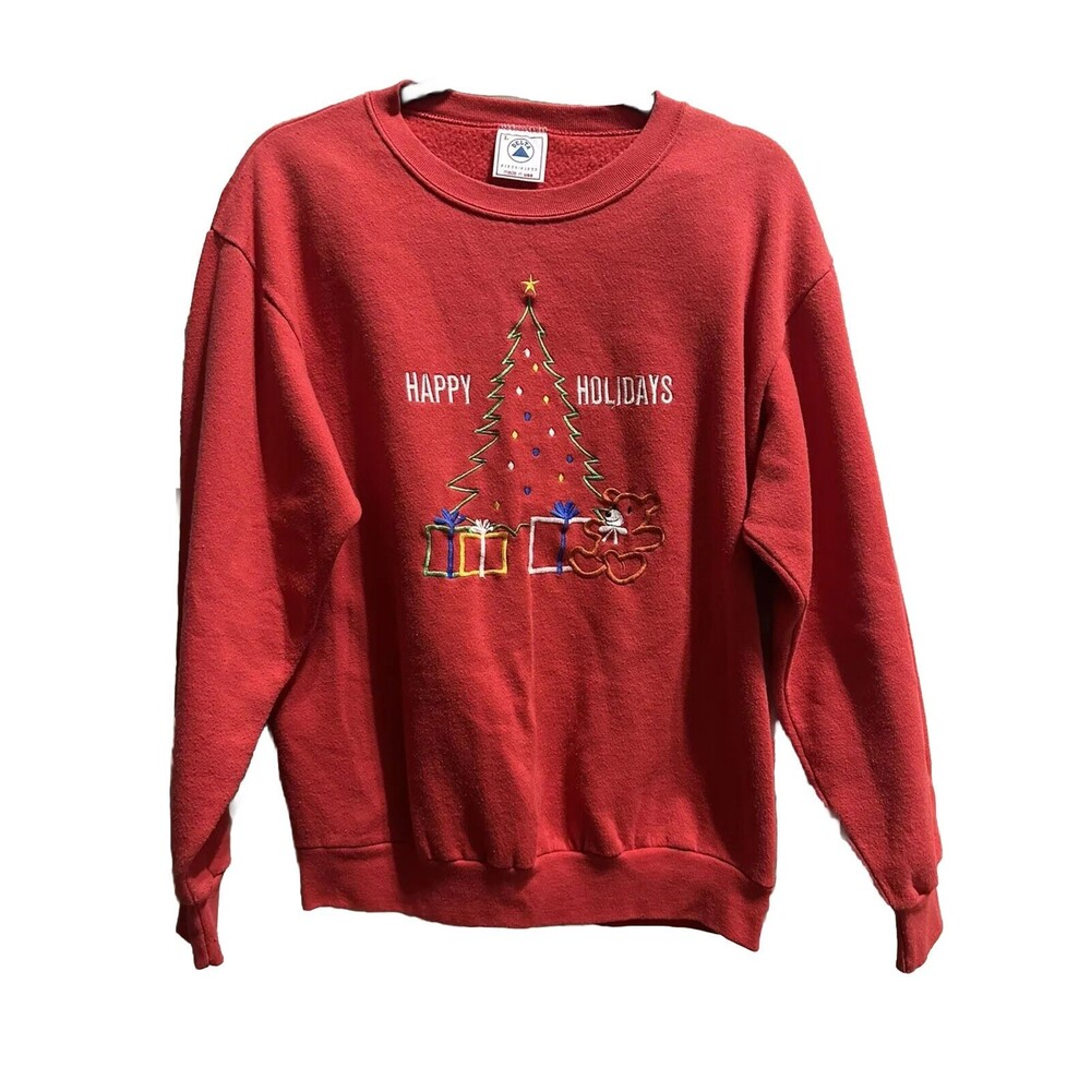 Christmas Sweater L Vintage Red Delta Embroidery Happy Holidays Made In USA